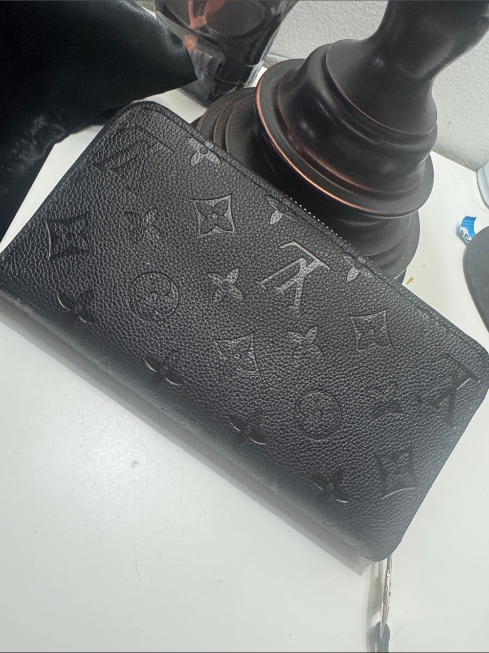 Black Embossed Leather Zip Wallet - Luxury Monogram Style